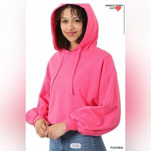 FUCHSIA FRENCH TERRY DROP SHOULDER CROPPED HOODIE